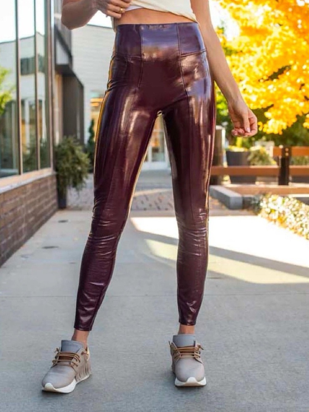 NWT SPANX Faux Patent Leather Leggings Women's Size L Petite Ruby 20301Q